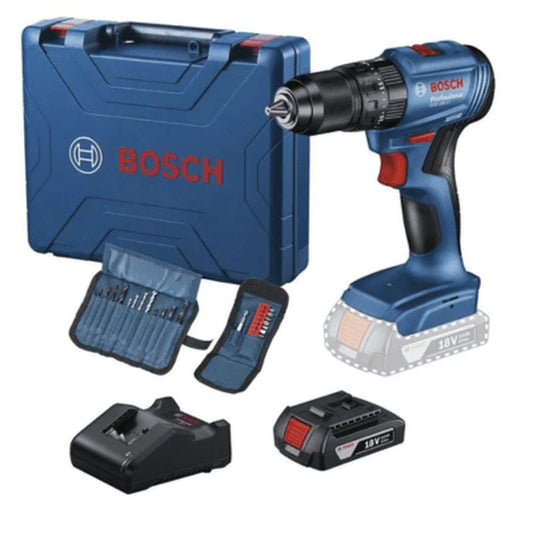 Furadeira à bateria(1) Bosch GSB 185-LI 18V, BRUSHLESS + Kit de Pontas e Brocas X-Line 33 pçs