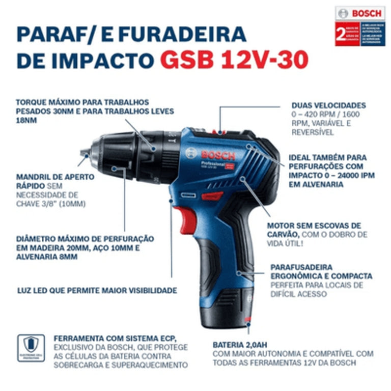 Parafusadeira Furadeira com impacto a bateria Bosch GSB 12V-30, 12V BRUSHLESS