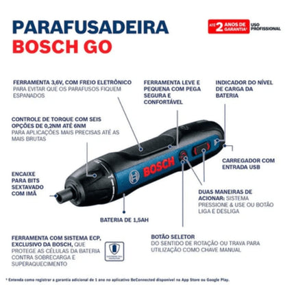 Parafusadeira a Bateria Bosch Go 3,6V BIVOLT com 2 Bits + Kit de pontas 46 peças